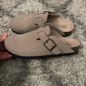Taupe Suede Slip-On Clogs with Buckle
